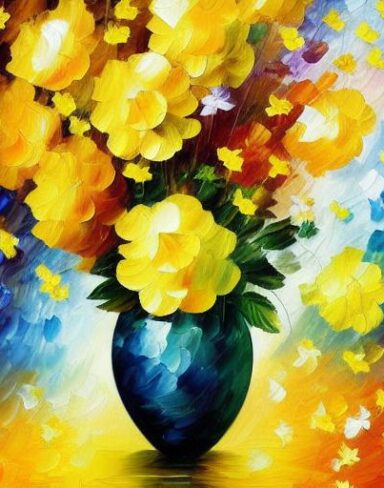 A painting of yellow flowers in a vase on a table