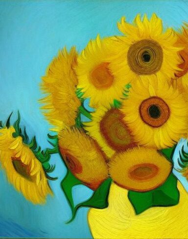 A painting of yellow sunflowers