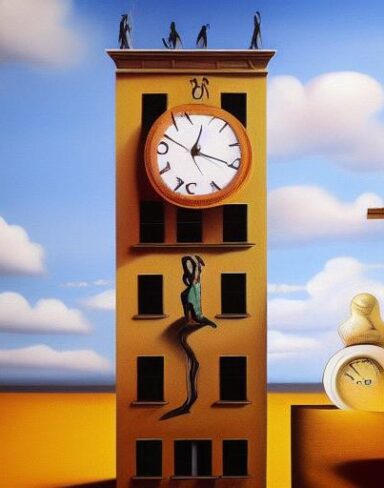 A painting on the side of a building with a clock