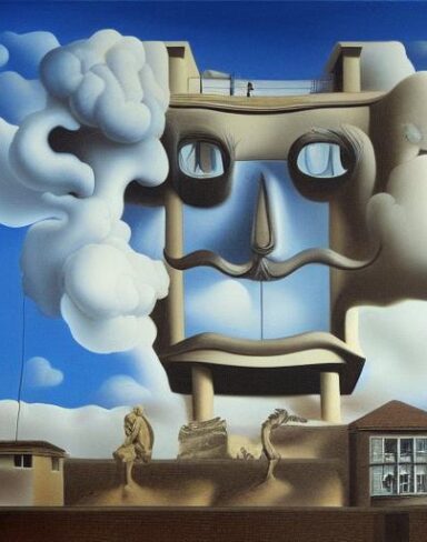 A painting on the side of a building with sculptures and sky