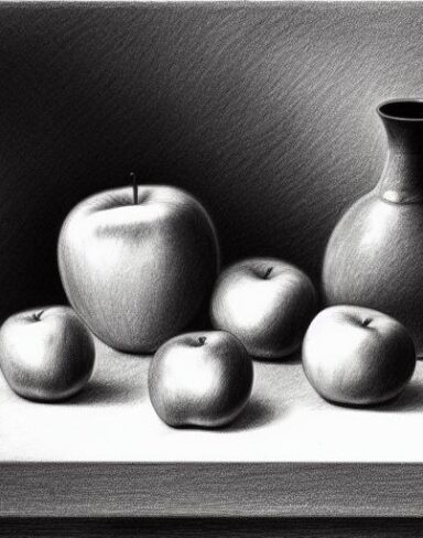 A pencil drawing of a vase and apples on a table