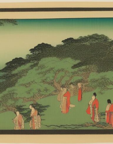 A people standing on top of a lush green hillside