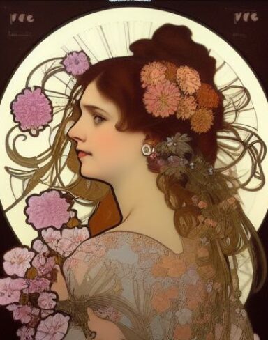 A picture of a woman with flowers in her brown hair