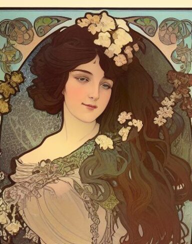 A picture of a woman with flowers in her brown hair