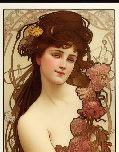 A picture of a woman with flowers in her brown hair