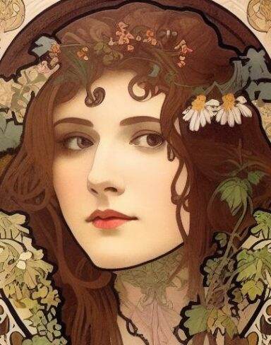A picture of a woman with flowers in her brown hair