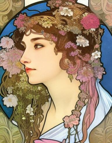 A picture of a woman with flowers in her hair
