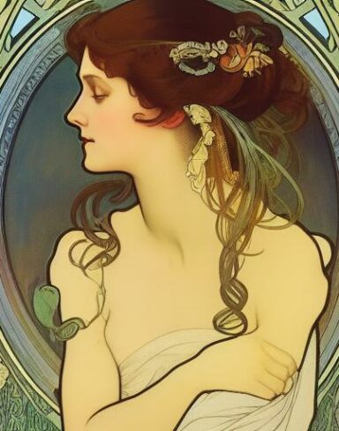 A picture of a woman with ribbonin her hair
