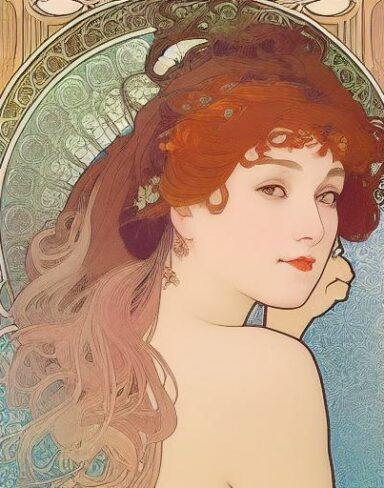 A picture of a woman with ribbon in her hair