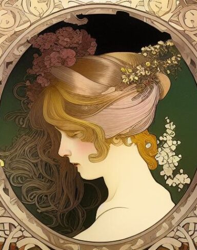 A picture of a woman with ribbonin her hair