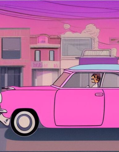 A pink car driving down a street at night