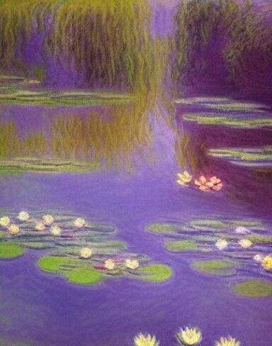 A placid painting of a pond filled with water lilies and many gold fish
