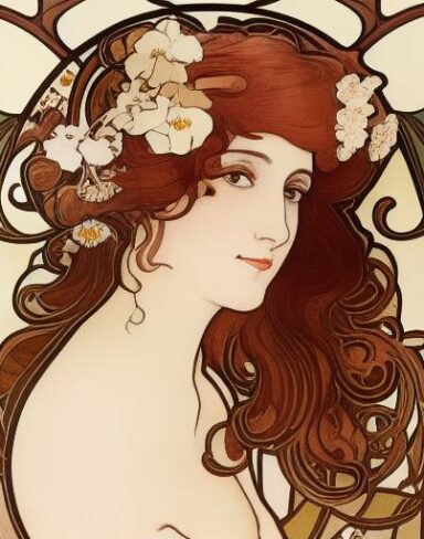 A portrait of a woman with flowers in her brown hair