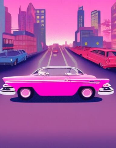 A retro pink car driving down a street at night