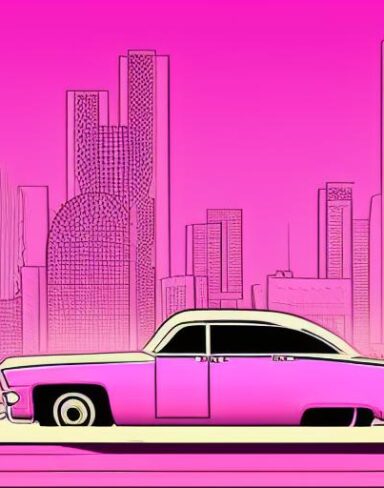 A retro pink car driving on a street at night