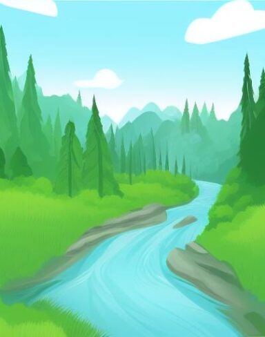 A river running through a green forest