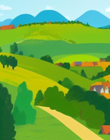 A rural landscape with several hills