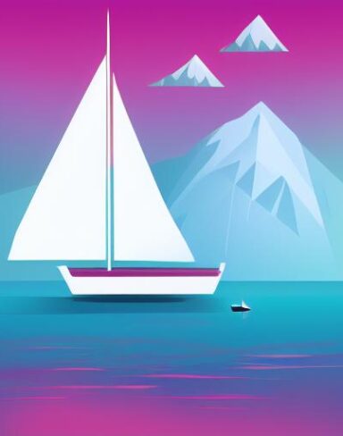 A sailboat in a lake with a mountain