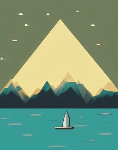 A sailboat in a lake with mountains