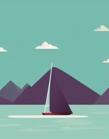 A sailboat in a lake with mountains