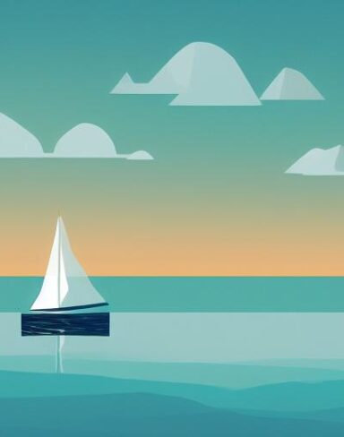 A sailboat in a lake with several mountains