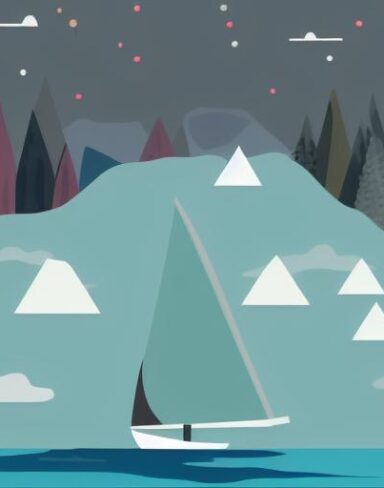 A sailboat in the middle of a lake with mountains