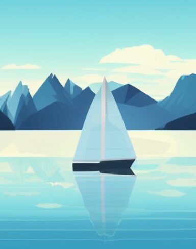 A sailboat in the middle of a lake with mountains in the background