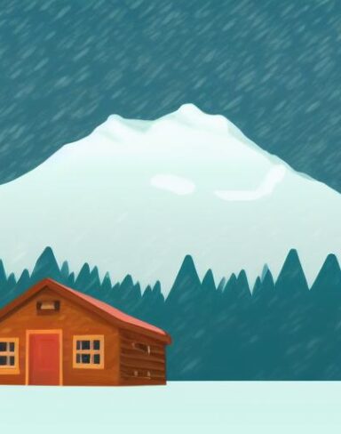 A small cabin in the middle of snowy landscape