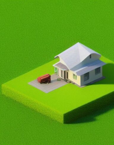 A small house sitting on top of a paper lush green field