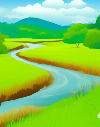 A small river running through a lush green field