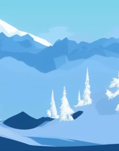 A snow covered mountain range with trees in the foreground