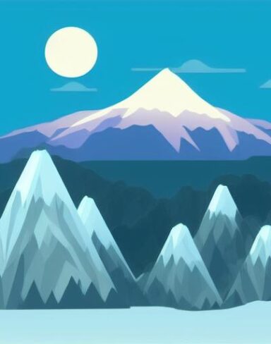 A snow mountain with trees in the foreground