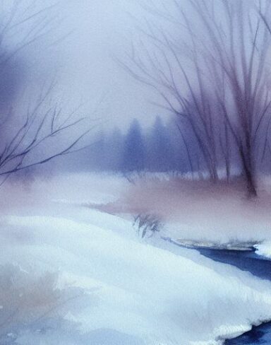 A soft watercolor painting of snow-covered trees and a stream on a snowing day