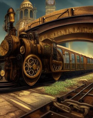 A steampunk train traveling through a city