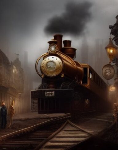 A steampunk train traveling through a city