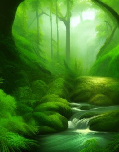 A stream running through a lush green forest