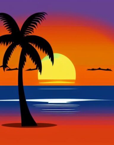 A sunset with palm trees and birds
