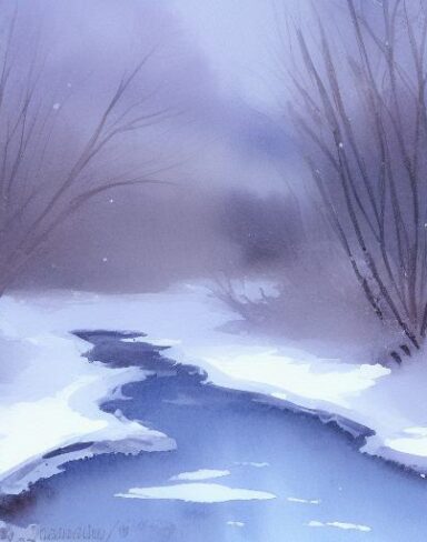 A tranquil watercolor painting of snow-covered trees and a stream on a snowing day