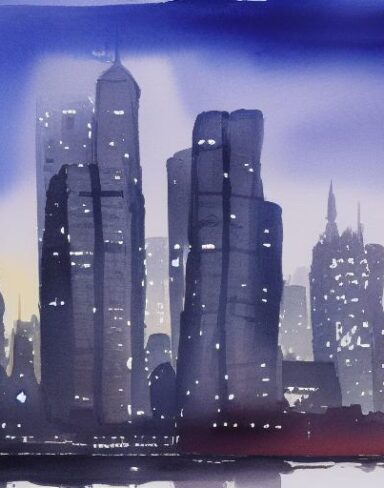 A watercolor drawing of a view of a cityscape with night sky