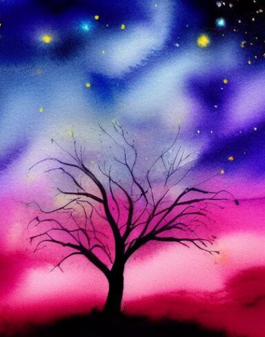 A watercolor of a night sky with a tree silhouette