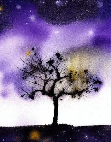 A watercolor of a tree silhouette in the sky at night