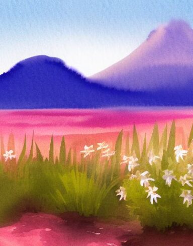 A watercolor painting of a field of lily with a mountain in the background at night time