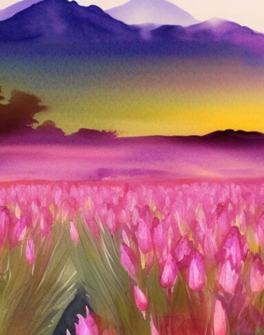 A watercolor painting of a field of lily with a mountain in the background at sunset