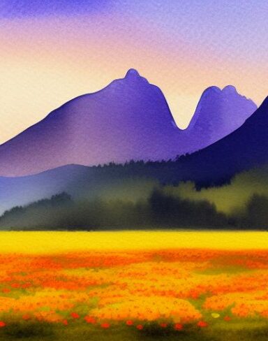 A watercolor painting of a field of marigolds with a mountain in the background at nigh time