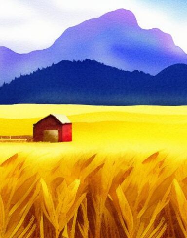 A watercolor painting of a field of wheat and farmer with a mountain in the background