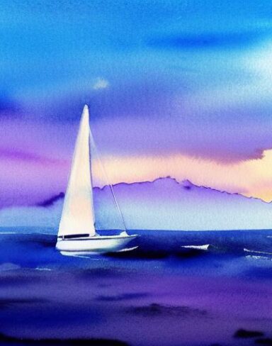 A watercolor painting of a sailboat in the ocean at purple sunset with big sea waves
