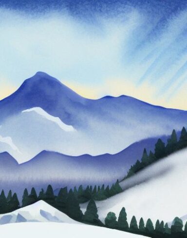 A watercolor painting of a snowy mountain inspired by Charles E. Burchfield