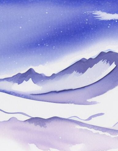 A watercolor painting of a snowy mountain scene inspired by Charles E. Burchfield