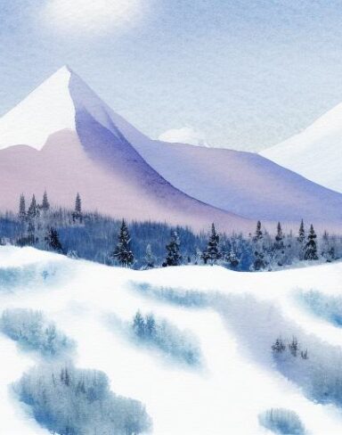 A watercolor painting of a snowy mountain scene. Burchfield