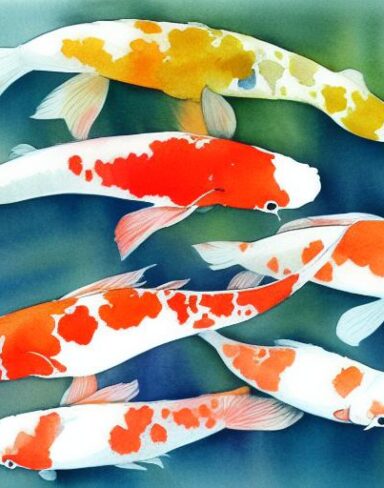 A watercolor painting of koi fish